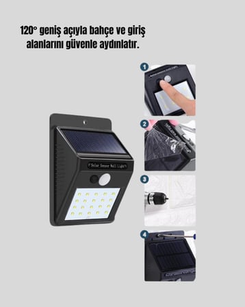 Solar Enerjili 20 LED Hareket Sensörlü Duvar Lambası