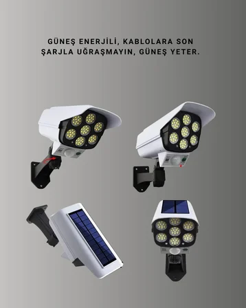 Güneş Enerjili LED Lamba + Güvenlik Kamerası Görünümlü– 5-8 m Hareket Algılamalı Beyaz Işık