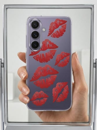Samsung S25 Kırmızı Dudak / Öpücük Desenli Şeffaf Telefon Kılıfı