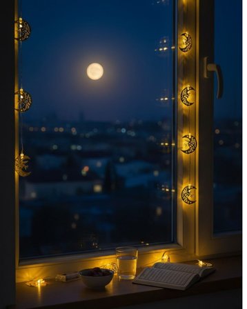Gold Renk Metal Minareli Hilal LED Işık Pilli Ramazan Süsü