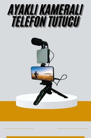 Tripod Telefon Tutucu Kumandalı Mikrofon Led Işık Vlog Video Kayıt