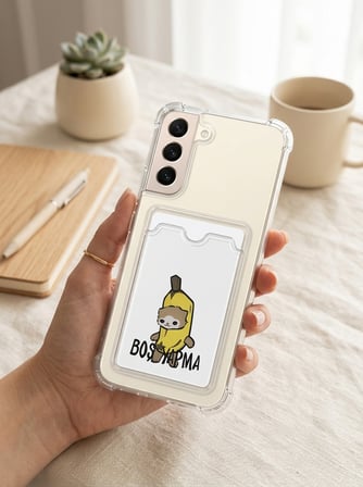 Samsung Galaxy S22 Boş Yapma Muz Detaylı Kart Bölmeli Şeffaf Telefon Kılıfı