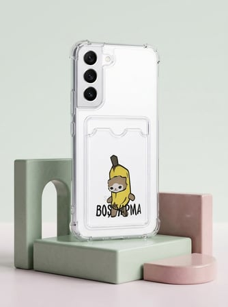 Samsung Galaxy S22 Boş Yapma Muz Detaylı Kart Bölmeli Şeffaf Telefon Kılıfı