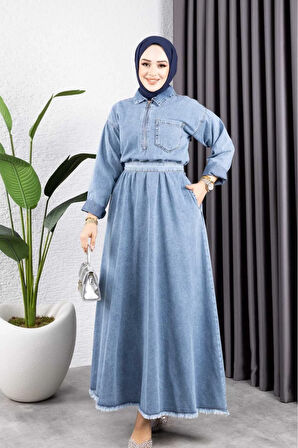 Kadın Fermuar Detaylı Püsküllü Kar Yıkama Kot Elbise