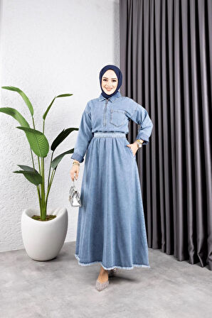 Kadın Fermuar Detaylı Püsküllü Kar Yıkama Kot Elbise