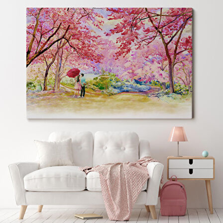 Sakura Ağacının Altındaki Sevgililer Kanvas Tablo ( ÜÇ PARÇA   )