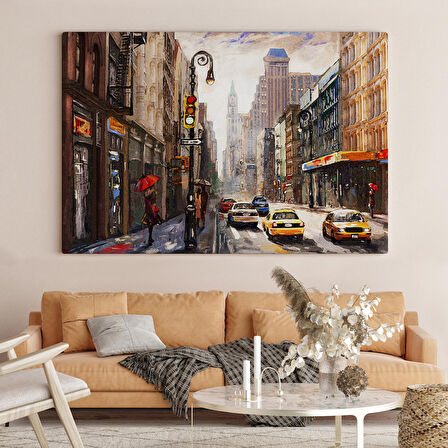 New York Sokakları Ve Sarı Taksi Yağlıboya Görünüm Tablo ( ÜÇ PARÇA )