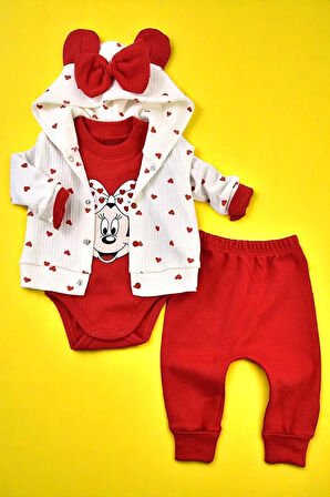 MİLAYS Kız Bebek Takım Mikili Kapüşonlu Kalp Desenli Hırkalı 3lü