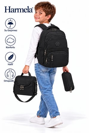 8010 Siyah İlk Okul Çantası 3'Lü Set Unisex Çocuk İlkokul Sırt Çantası