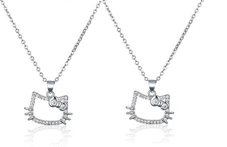 Hello Kitty Kedi Zirkon Gümüş Renk Taşlı Parlak Çift İkili Kolye