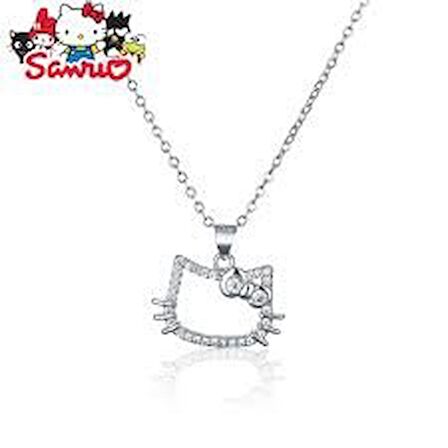 Hello Kitty Kedi Zirkon Gümüş Renk Taşlı Parlak Çift İkili Kolye