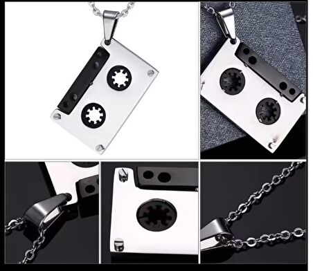 Kaset Kolye Gümüş Siyah Paslanmaz çelik 316L