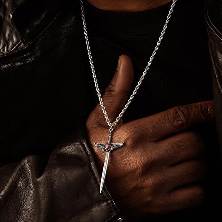 Kılıç Melek Kanadı Detaylı Taşlı Kırmızı Gümüş Çelik Kolye A Plus Kalite 