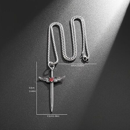 Kılıç Melek Kanadı Detaylı Taşlı Kırmızı Gümüş Çelik Kolye A Plus Kalite 