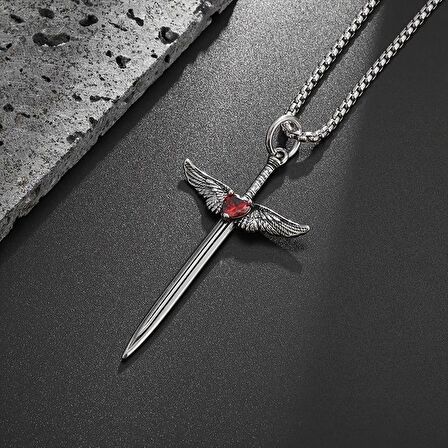 Kılıç Melek Kanadı Detaylı Taşlı Kırmızı Gümüş Çelik Kolye A Plus Kalite 