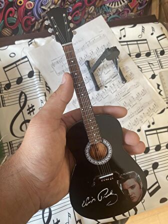 Akustik Gitar El Yapımı Ahşap Minyatür Hediyelik Biblo 25 cm Elvis Presley