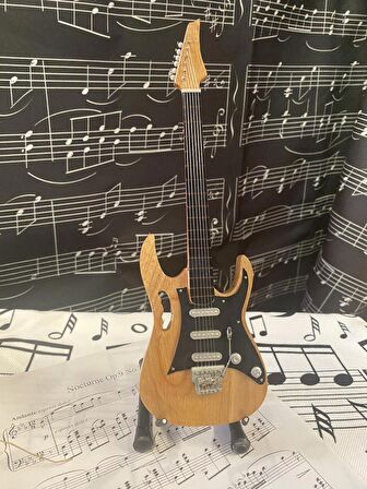  Elektro Gitar Ahşap Renk El Yapımı Biblo Minyatür 25 cm