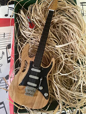  Elektro Gitar Ahşap Renk El Yapımı Biblo Minyatür 25 cm