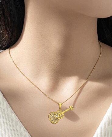Gitar Taşlı Gold Paslanmaz Çelik Kadın Kolye 