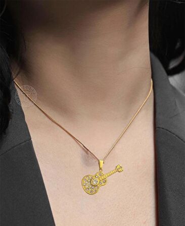 Gitar Taşlı Gold Paslanmaz Çelik Kadın Kolye 