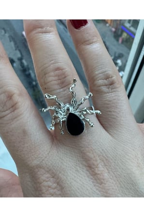 Örümcek Mineli Gotik Gümüş Siyah Ayarlanabilir Kadın Yüzük