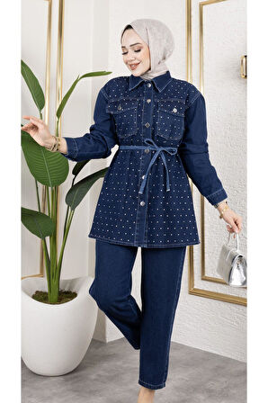 Kadın İnci Taş Detaylı 2Li Kot Takım