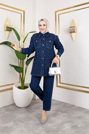 Kadın İnci Taş Detaylı 2Li Kot Takım