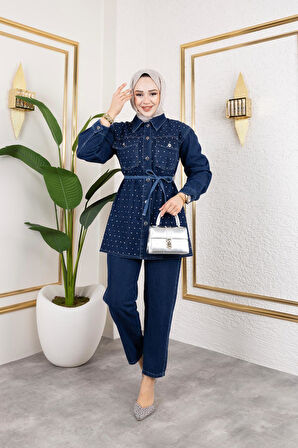 Kadın İnci Taş Detaylı 2Li Kot Takım