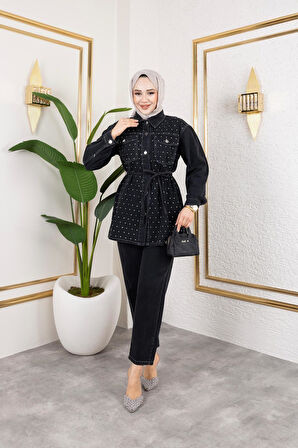 Kadın İnci Taş Detaylı 2Li Kot Takım