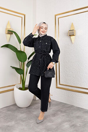 Kadın İnci Taş Detaylı 2Li Kot Takım