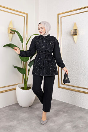 Kadın İnci Taş Detaylı 2Li Kot Takım