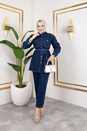 Kadın İnci Taş Detaylı 2Li Kot Takım