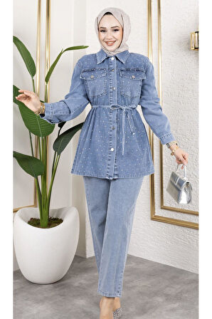 Kadın İnci Taş Detaylı 2Li Kot Takım