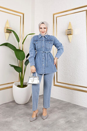 Kadın İnci Taş Detaylı 2Li Kot Takım