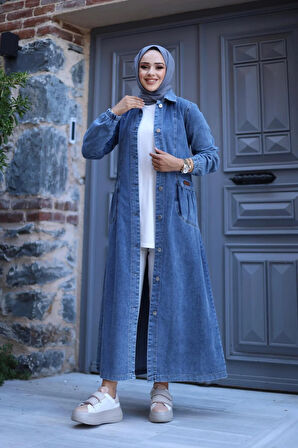 Kadın Düğmeli Cepli Kar Yıkamalı Denim Kot Kap