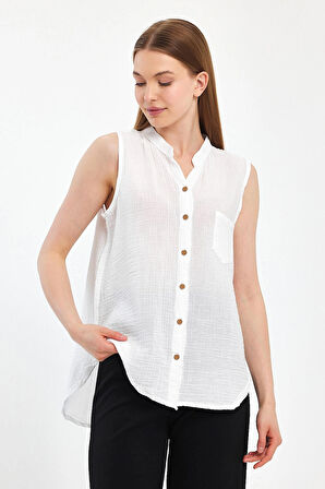 Müslin Hakim Yaka Sıfır Kol Gömlek -1090