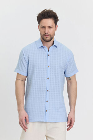 Müslin Waffle Yakalı Kareli Kısa Kol Gömlek - 4045