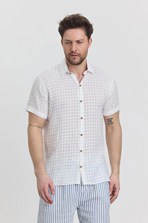 Müslin Waffle Yakalı Kareli Kısa Kol Gömlek - 4045