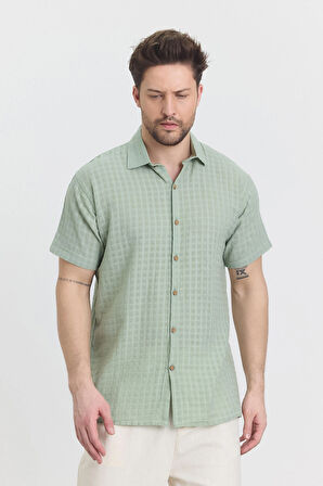 Müslin Waffle Yakalı Kareli Kısa Kol Gömlek - 4045