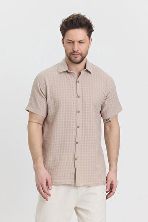 Müslin Waffle Yakalı Kareli Kısa Kol Gömlek - 4045