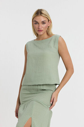 Müslin Pervazlı Askılı Bluz-1040