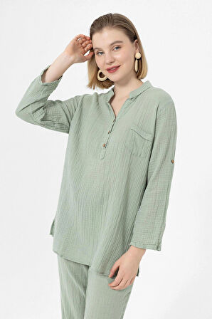 Müslin Hakim Yaka U.Kol Bluz -1100