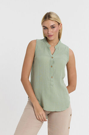 Müslin Hakim Yaka Sıfır Kol Bluz -1070