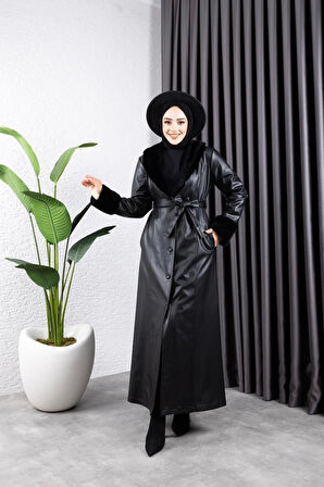 Kadın Yakası Görünümlü Astarlı Deri Uzun Trençkot