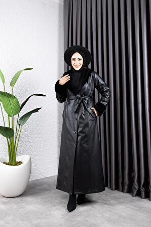 Kadın Yakası Görünümlü Astarlı Deri Uzun Trençkot