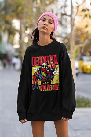 Deadpool x Wolverine Baskılı Unisex Oversize Kahraman Sweatshirt
