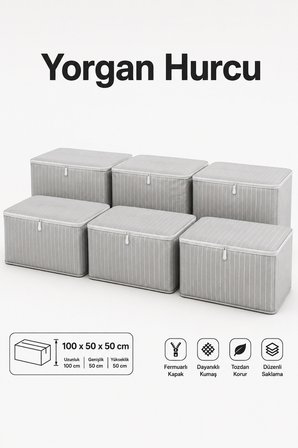 Hurç Seti Fermuarlı Yorgan Battaniye Kıyafet Saklama Hurcu Çizgili Baza Altı Dolap İçi Organizer 6'lı