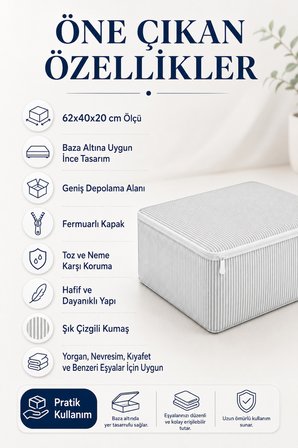 Hurç Seti Fermuarlı Çizgili Baza Altı Hurcu Yorgan Battaniye Kıyafet Saklama Organizeri 1 Adet
