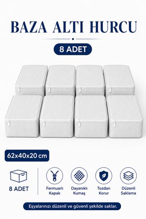 Hurç Seti Fermuarlı Çizgili Baza Altı Hurcu Yorgan Battaniye Kıyafet Saklama Organizeri 8'li