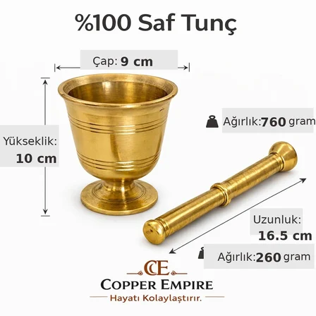 Copper Empire %100 Saf Tunç Havan ve Tokmak Seti 760 gr Havan + 260 gr Tokmak El Yapımı Baharat Ezici